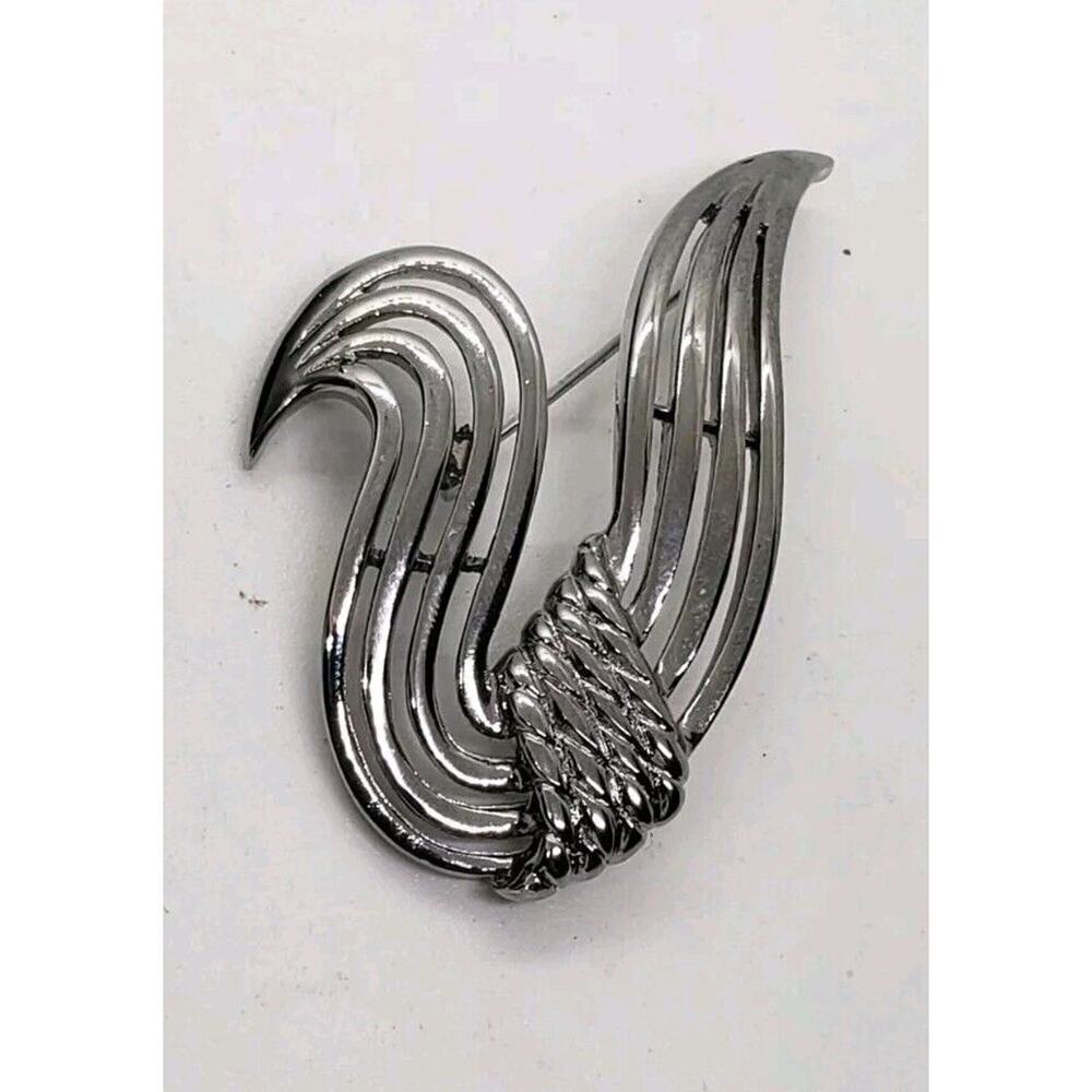 Vintage Brooch Silver Swan Abstract 1960s Mid Century Modern Twisted Rope Monet